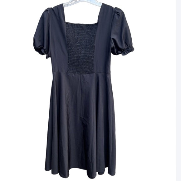 Belle Poque Black Dress Size M Smocked Back Decorative Button Puffed Sleeves - Picture 6 of 15